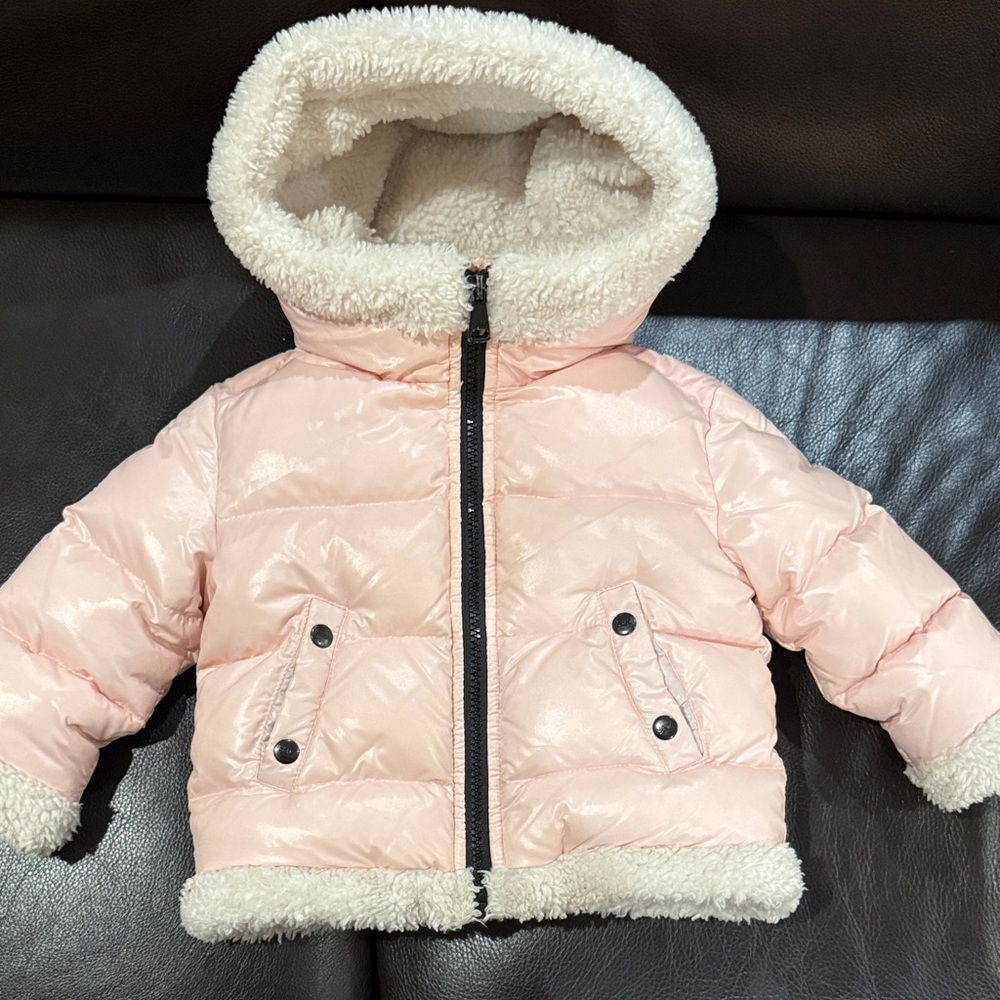 SAM. Pink Puffer Jacket with faux shearling trim